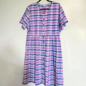 Vtg Blair 80s Midi‎ Dress Sheath Plaid Pockets Coastal Cottage Peasant.D115